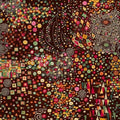A dense abstract artwork filled with swirling lines, circles, dots, and geometric shapes in many colors on a dark brown background.