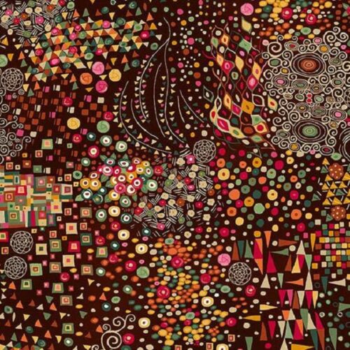 A dense abstract artwork filled with swirling lines, circles, dots, and geometric shapes in many colors on a dark brown background.