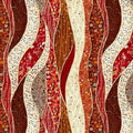 A close-up of a patterned textile or wallpaper featuring vertical wavy bands in cream, red, rust, brown, and black with dotted, striped, and circular Aboriginal-inspired motifs.