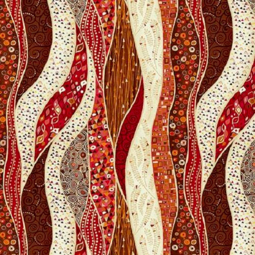 A close-up of a patterned textile or wallpaper featuring vertical wavy bands in cream, red, rust, brown, and black with dotted, striped, and circular Aboriginal-inspired motifs.