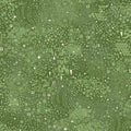 A close-up of a green patterned fabric or wallpaper featuring a dense, hand-drawn doodle design with circles, squares, triangles, and abstract organic shapes in lighter green and cream.