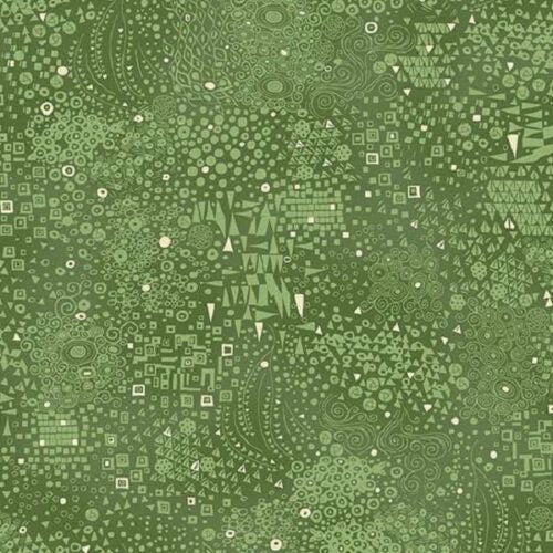 A close-up of a green patterned fabric or wallpaper featuring a dense, hand-drawn doodle design with circles, squares, triangles, and abstract organic shapes in lighter green and cream.