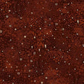 A close-up of a dark reddish-brown patterned surface with dense geometric and circular motifs in brown, rust, and small white accents.