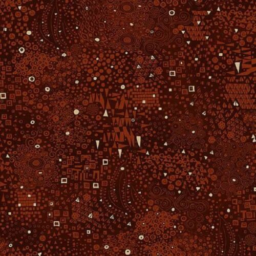A close-up of a dark reddish-brown patterned surface with dense geometric and circular motifs in brown, rust, and small white accents.