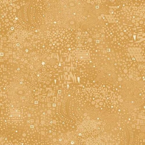 A close-up of a gold and beige patterned fabric or wallpaper featuring abstract geometric and organic motifs.