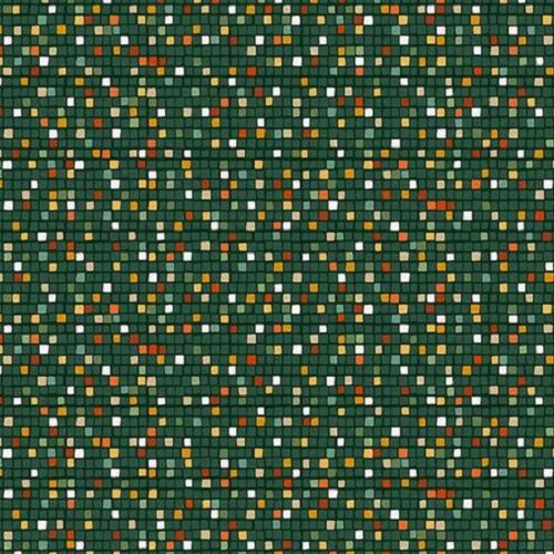 A close-up of a mosaic tile pattern featuring a dark green background with numerous small square tiles in white, yellow, orange, and brown.