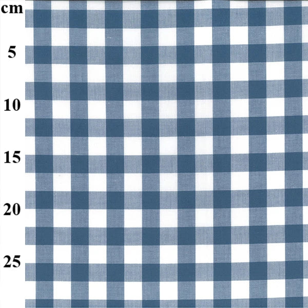 Blue and white gingham checkered fabric pattern shown flat, with a vertical cm measurement scale on the left side.