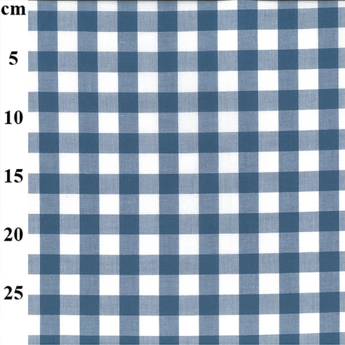 Blue and white gingham checkered fabric pattern shown flat, with a vertical cm measurement scale on the left side.
