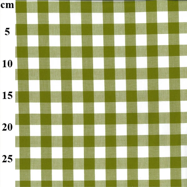 A close-up of a green and white gingham checkered fabric pattern with a vertical measurement scale on the left side showing centimeter markings from 5 to 25.