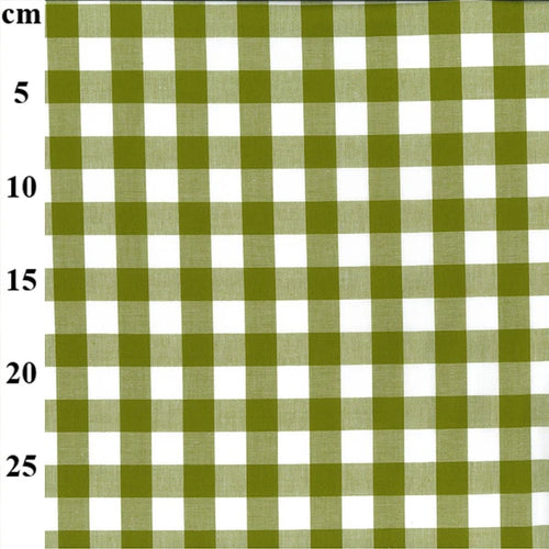 A close-up of a green and white gingham checkered fabric pattern with a vertical measurement scale on the left side showing centimeter markings from 5 to 25.