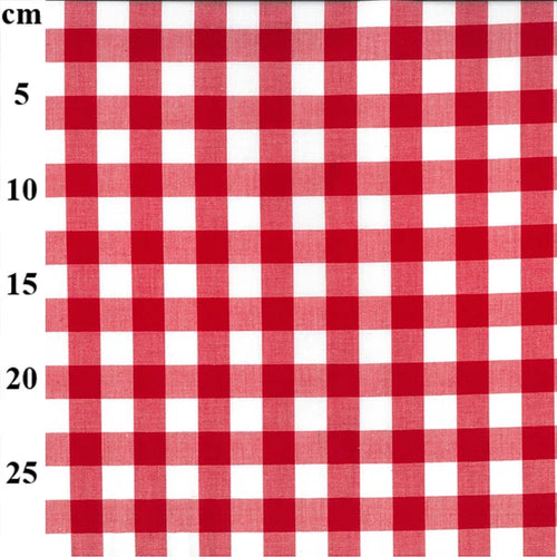Red and white gingham checkered fabric pattern shown flat, with a cm size marker along the left side.