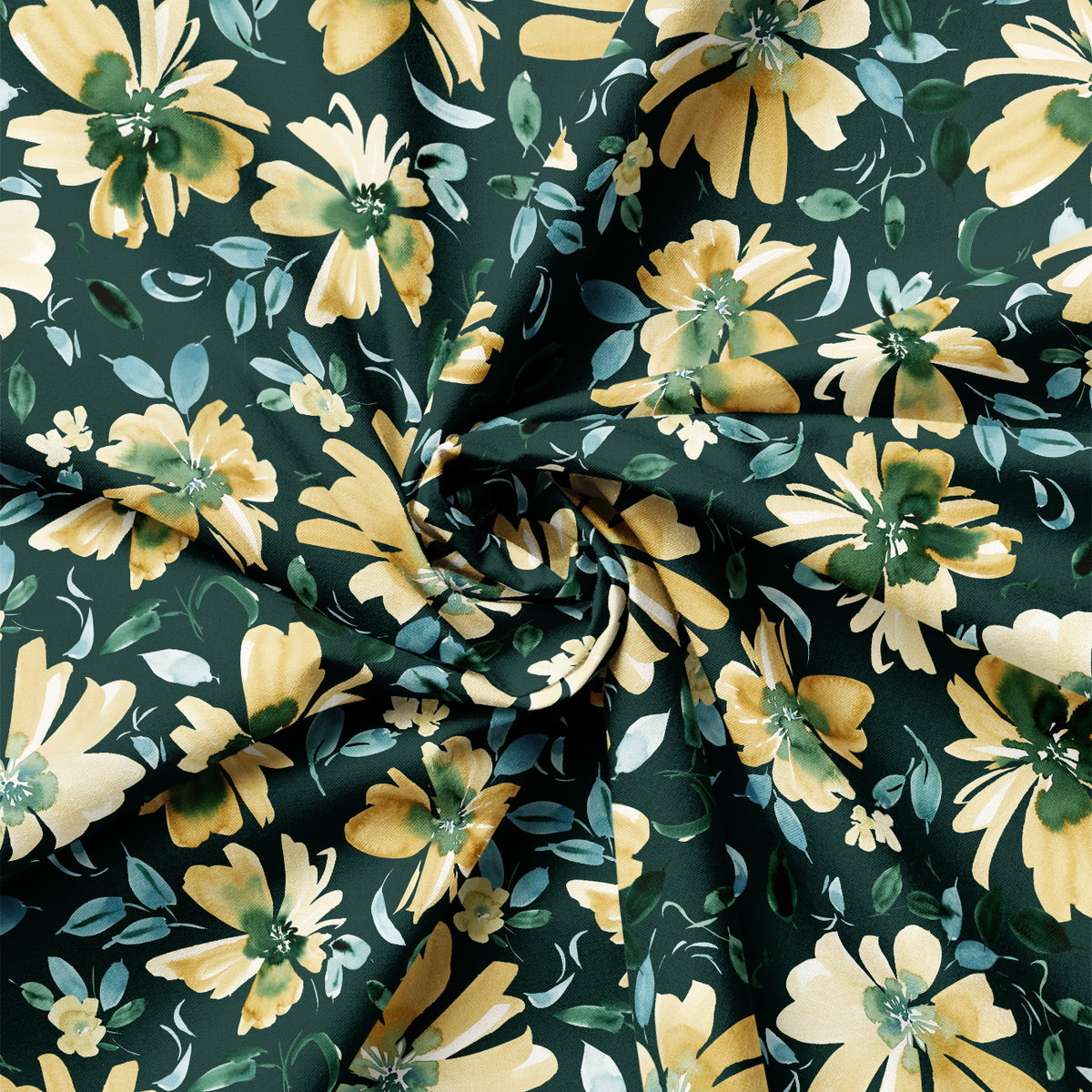 A close-up of draped fabric featuring a floral print with large yellow flowers, green leaves, and small white blossoms on a dark green background.