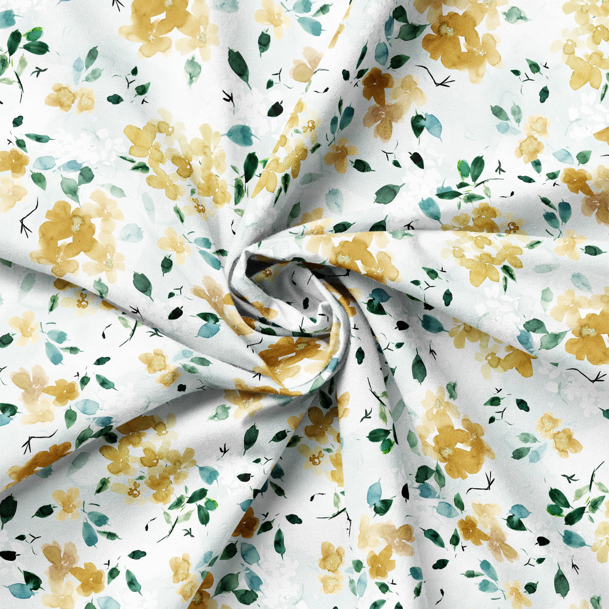 White fabric with a watercolor-style floral print featuring yellow flowers, green leaves, and small black stems, arranged in a spiral drape.