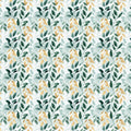 A repeating watercolor-style botanical pattern of leafy vines in dark green, pale mint green, and soft mustard yellow on a white background.