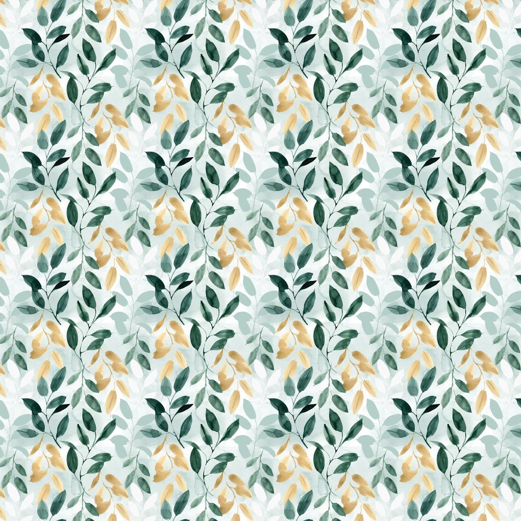 A repeating watercolor-style botanical pattern of leafy vines in dark green, pale mint green, and soft mustard yellow on a white background.