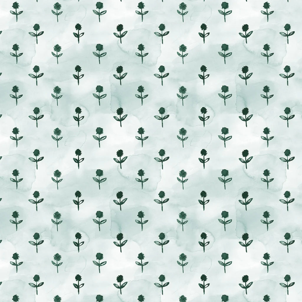 A repeating pattern of small dark green floral motifs on a pale mint-green watercolor-textured background.