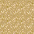 A repeating abstract pattern of flowing, leaf-like curved shapes in warm beige, cream, and muted olive-gold tones on a light tan background.