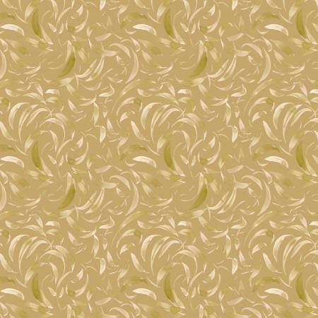 A repeating abstract pattern of flowing, leaf-like curved shapes in warm beige, cream, and muted olive-gold tones on a light tan background.