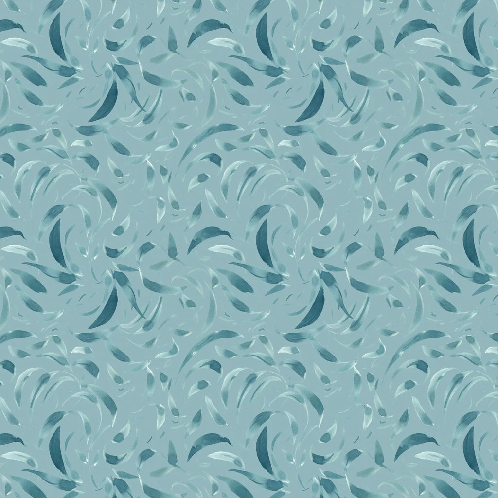 A repeating abstract pattern of curved, leaf-like shapes in multiple shades of blue and teal on a light aqua background.