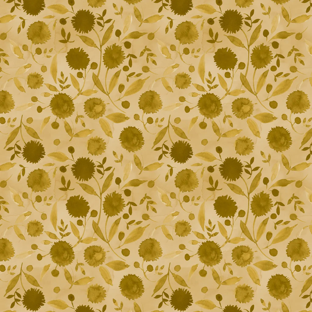 A repeating floral pattern featuring olive green watercolor-style flowers and leaves on a warm beige background.