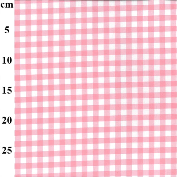 Pink and white gingham checkered fabric pattern shown with a cm measurement scale on the left side.