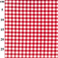 Red and white gingham checkered fabric pattern shown flat, with a vertical cm measurement scale along the left edge.
