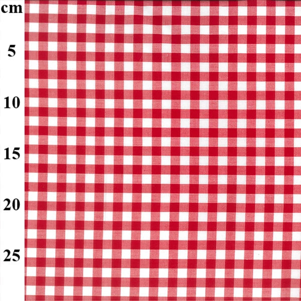 Red and white gingham checkered fabric pattern shown flat, with a vertical cm measurement scale along the left edge.