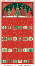 Red fabric panel with Christmas tree pattern and advent calendar numbers on a red background