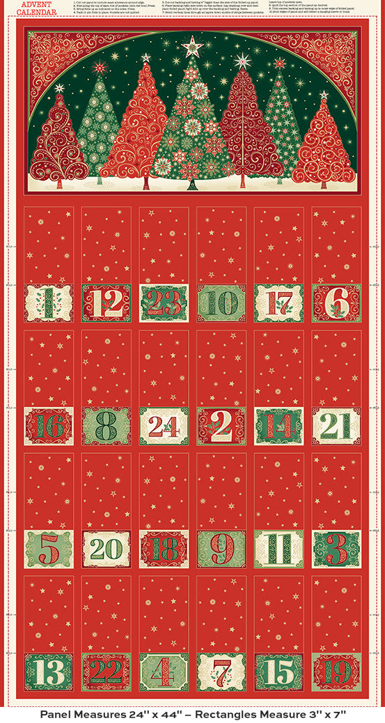 Red fabric panel with Christmas tree pattern and advent calendar numbers on a red background