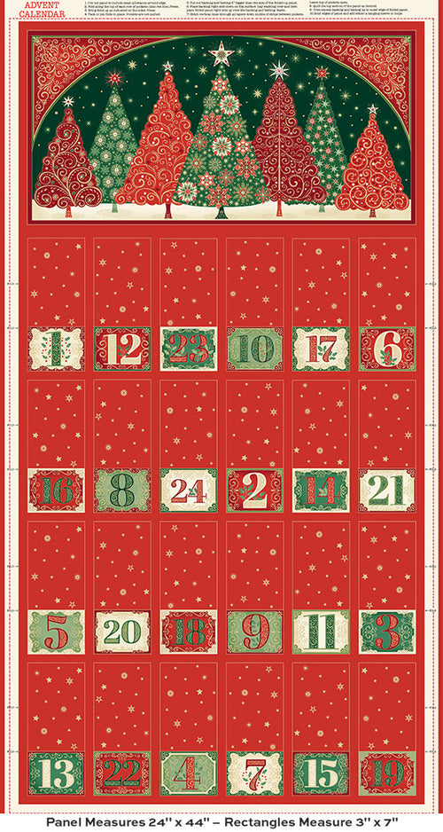 Red fabric panel with Christmas tree pattern and advent calendar numbers on a red background