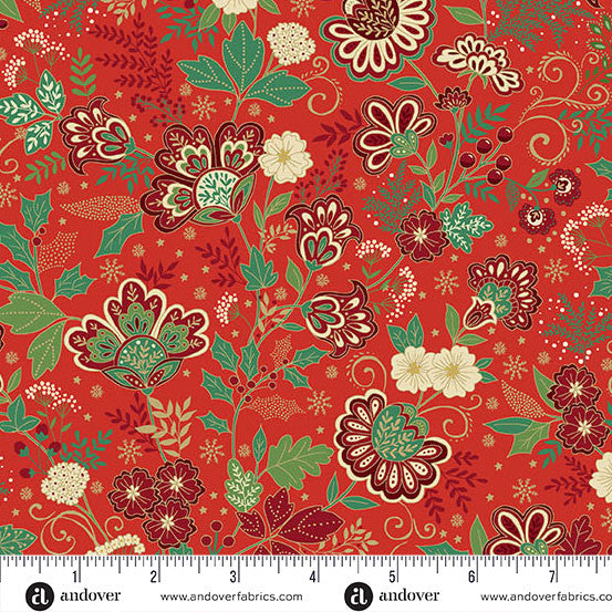 Floral pattern fabric with a ruler at the bottom for scale, on a red background.