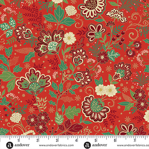 Floral pattern fabric with a ruler at the bottom for scale, on a red background.