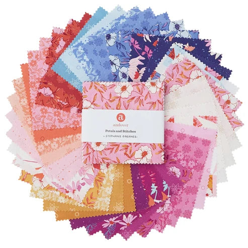A circular arrangement of fabric swatches in assorted floral and patterned designs, with a white paper label in the center reading 'Petals and Stitches' and 'Stéphane Francel.'.