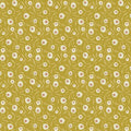 A repeating floral pattern with small white and pale pink flowers and muted green leaves on a mustard-yellow background.
