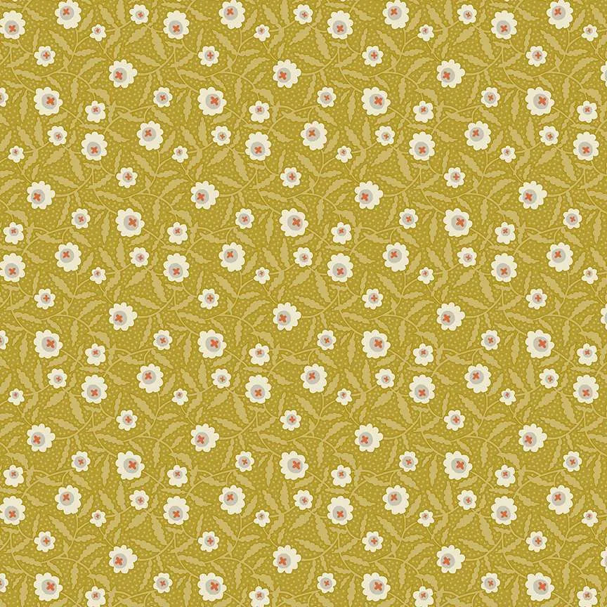 A repeating floral pattern with small white and pale pink flowers and muted green leaves on a mustard-yellow background.