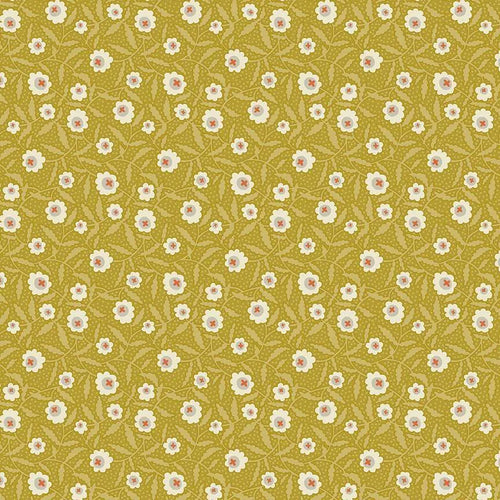 A repeating floral pattern with small white and pale pink flowers and muted green leaves on a mustard-yellow background.