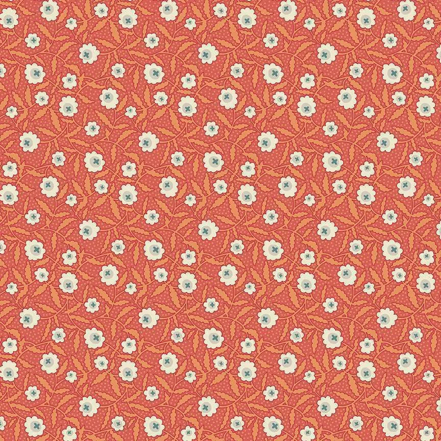 A repeating floral pattern with small white flowers and pale green centers on a warm coral-orange background.