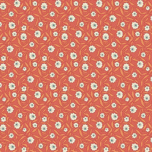 A repeating floral pattern with small white flowers and pale green centers on a warm coral-orange background.