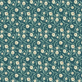 A repeating floral pattern with small white and pale yellow flowers and light green leaves on a dark teal background.