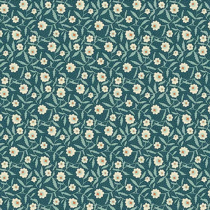 A repeating floral pattern with small white and pale yellow flowers and light green leaves on a dark teal background.