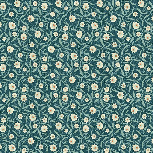 A repeating floral pattern with small white and pale yellow flowers and light green leaves on a dark teal background.