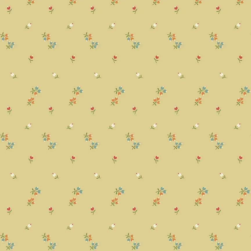 A repeating floral pattern on a warm beige background, featuring small red flowers, blue blossoms, white flowers, and green stems.