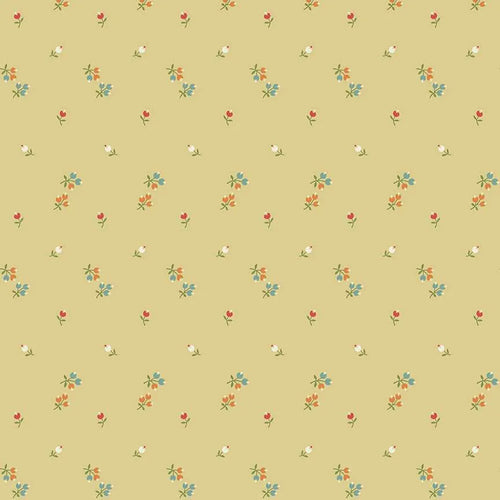 A repeating floral pattern on a warm beige background, featuring small red flowers, blue blossoms, white flowers, and green stems.