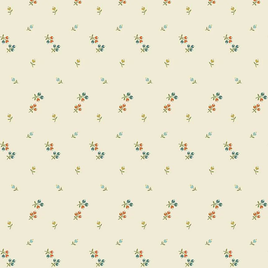 A repeating floral pattern on a warm cream background, featuring small scattered flowers and leaves in muted orange, teal, olive green, and light blue.