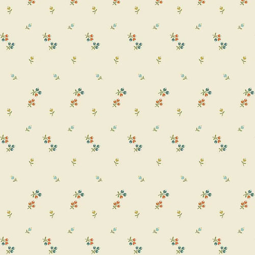 A repeating floral pattern on a warm cream background, featuring small scattered flowers and leaves in muted orange, teal, olive green, and light blue.