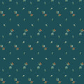 A repeating floral pattern on a dark teal background, featuring small orange flowers, white blossoms, and green stems.