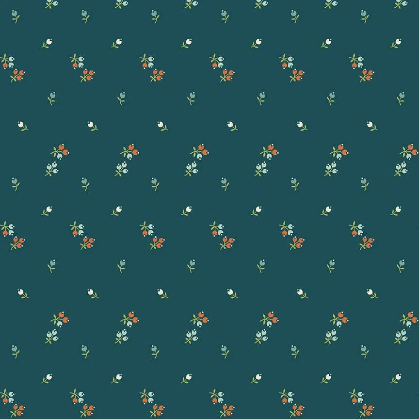 A repeating floral pattern on a dark teal background, featuring small orange flowers, white blossoms, and green stems.