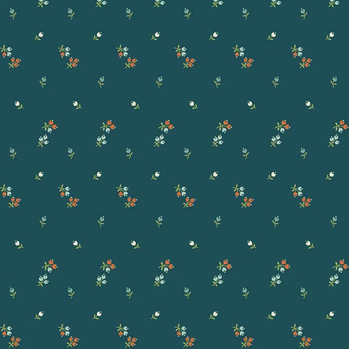 A repeating floral pattern on a dark teal background, featuring small orange flowers, white blossoms, and green stems.