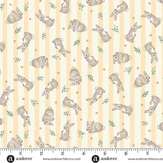 Fabric pattern with rabbits on a striped background, featuring Andover Fabrics branding.