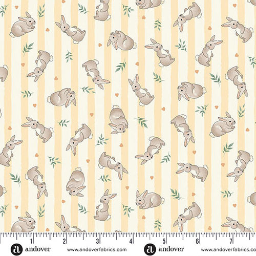 Fabric pattern with rabbits on a striped background, featuring Andover Fabrics branding.